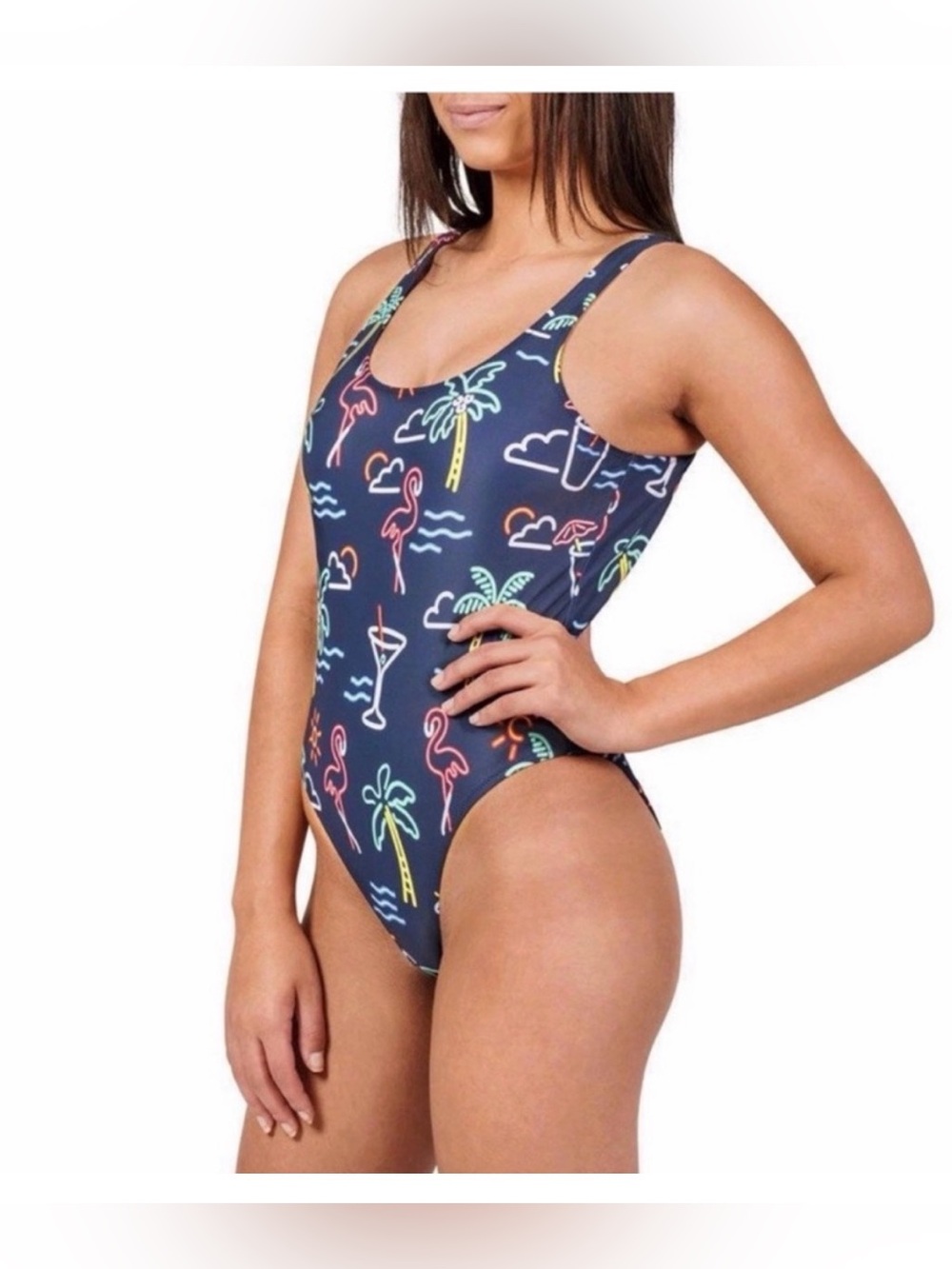 Chubbies Electric Navy One-Piece Swimsuit with Neon Tropical Icons Size L